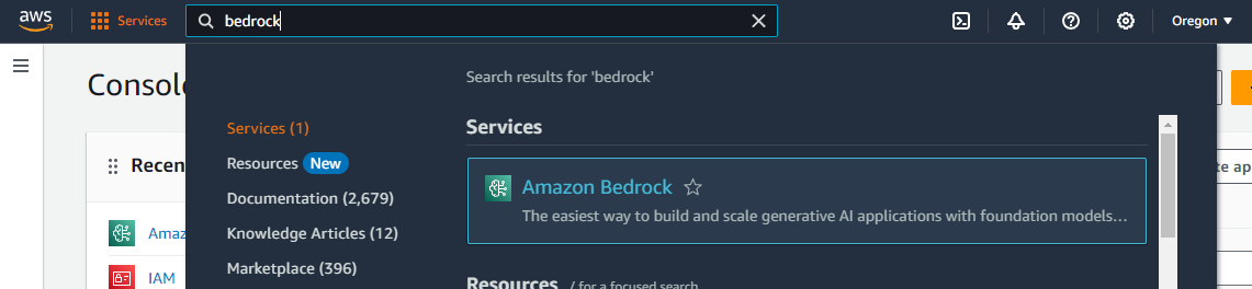Buscando por Amazon Bedrock na barra de pesquisa do console da AWS